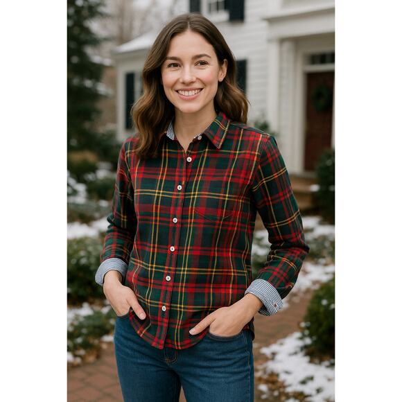 Tizzie Red Green Plaid Button Down Cotton Long Sleeve Striped Cuffs – XL - Picture 1 of 8